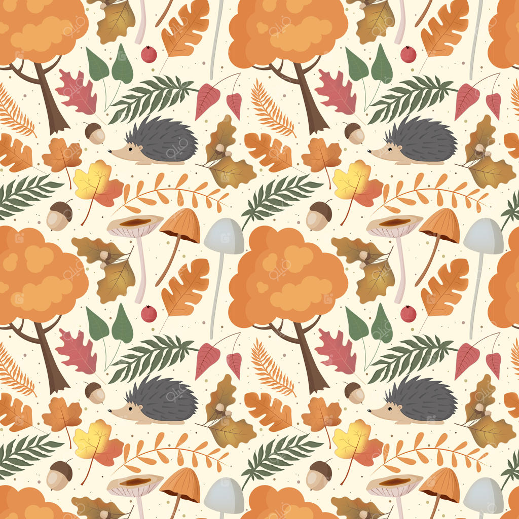 الگوی پاییزی با جوجه‌تیغی، قارچ، درخت و برگ‌ها. پس‌زمینه جنگل، الگوی یکپارچه وکتور.