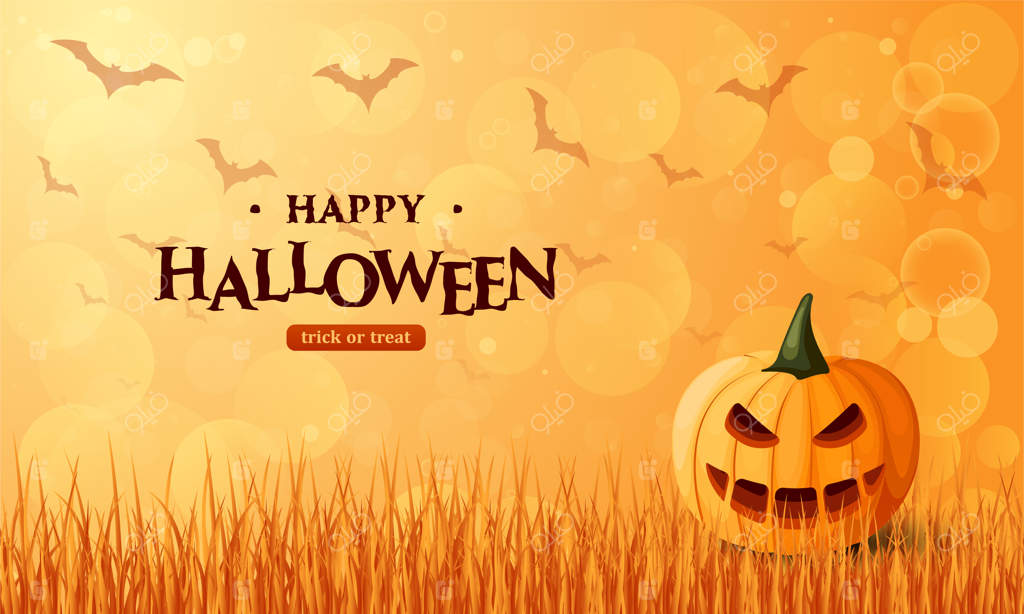 بنر هالووین با کدو تنبل روی چمن.
