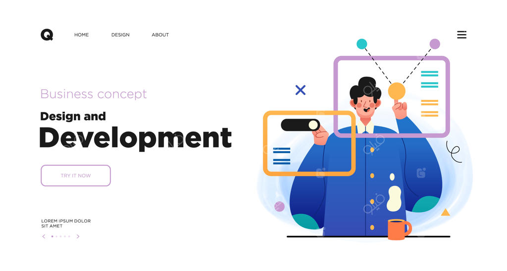 طراحی و توسعه قالب صفحه فرود با تصویری از برنامه‌نویس یا طراح در محیط کاری دفتر