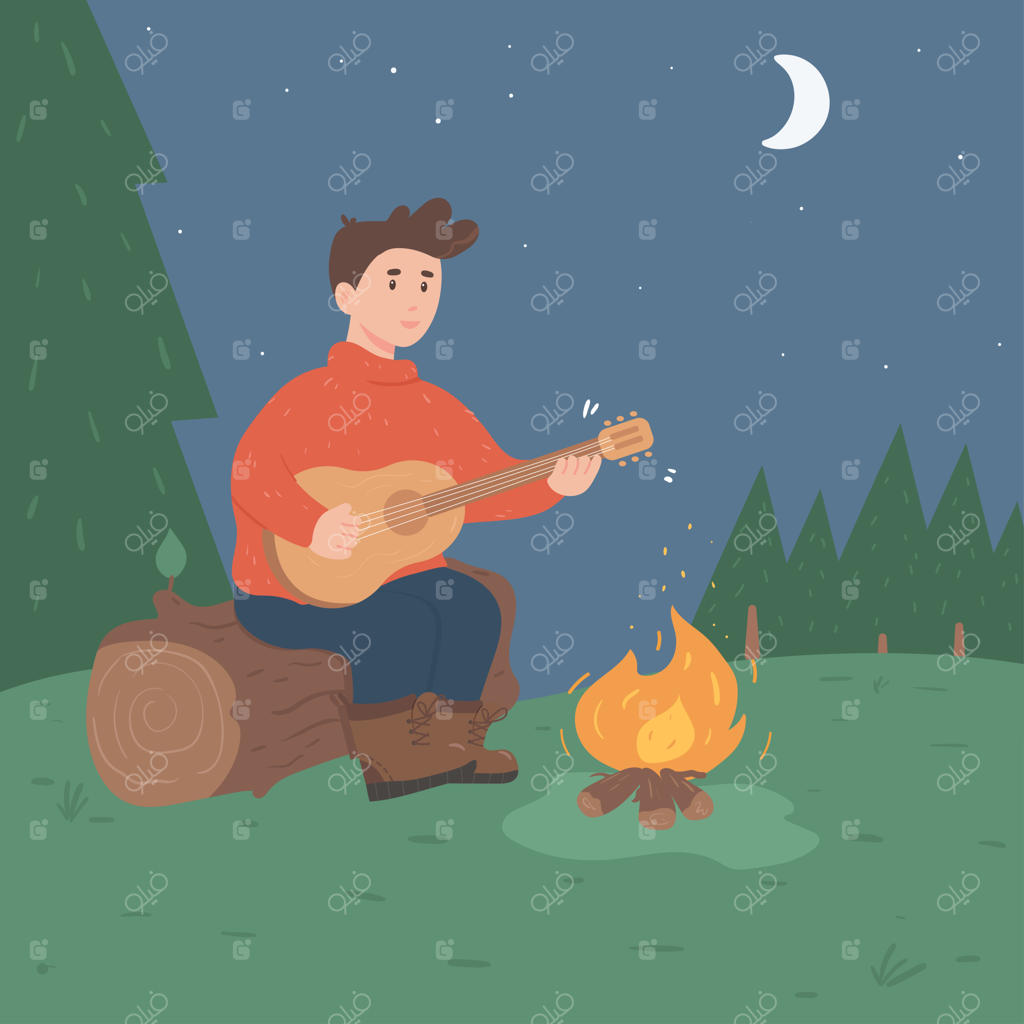 نوازندگی گیتار کنار آتش اردو در جنگل زیر شب پرستاره