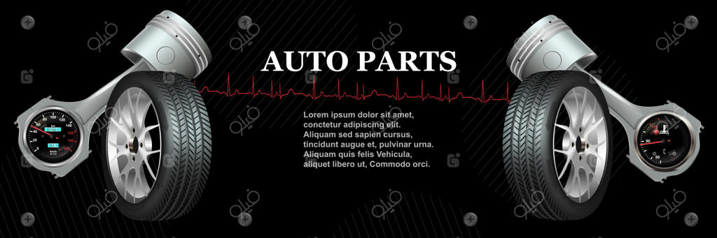 قطعات واقعی خودرو به صورت وکتور. لاستیک کامیون، دیسک چرخ آلومینیومی، پیستون موتور به سبک قدیمی. بنر صنعت حمل‌ونقل خودرو. قالب خدمات تعمیرات و فروش قطعات یدکی.