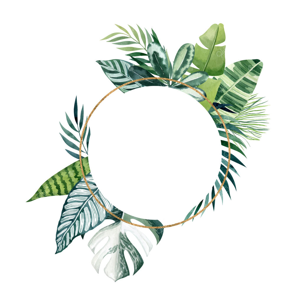 فریم دایره‌ای با برگ‌های گرمسیری و عناصر طلایی برای کارت دعوت عروسی