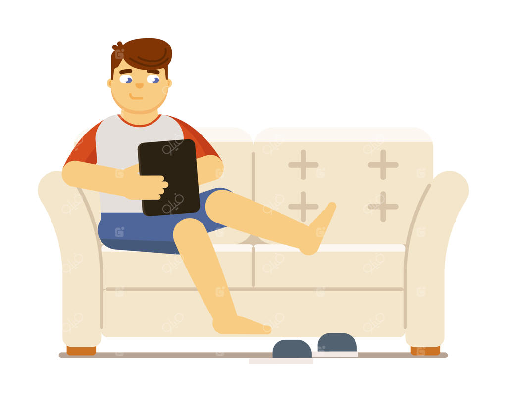 مرد جوان روی مبل با تبلت مشغول چت یا تماشای ویدئو در شبکه‌های اجتماعی - تصویر جدا شده بر روی پس‌زمینه سفید