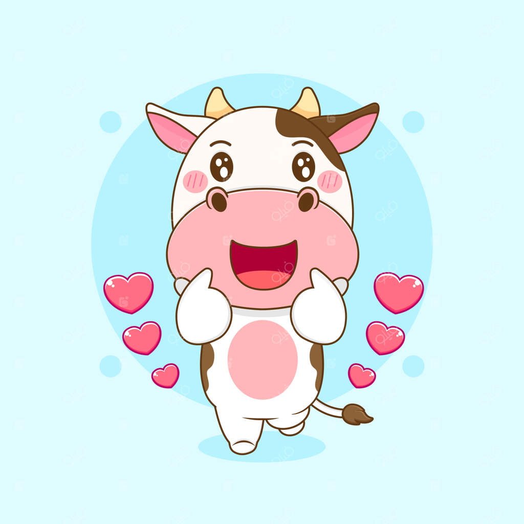 تصویر کارتونی شخصیت گاو بامزه در حال نشان دادن انگشت قلبی