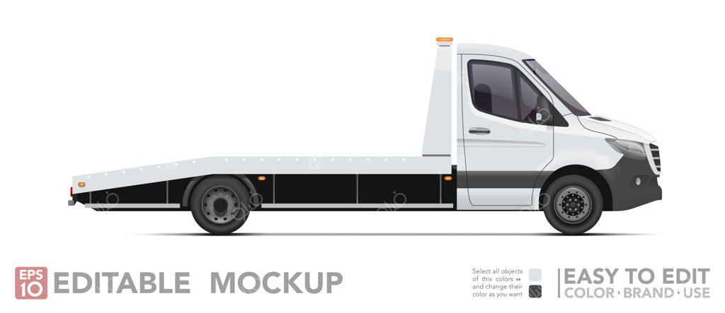 ماکت ویرایش‌پذیر ون یدک‌کش: تصویر واقعی ون روی زمینه سفید. مجموعه‌ی برداری.