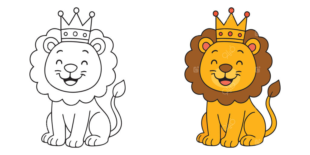 کتاب رنگ‌آمیزی شیر خوشحال با تاج بر سر بر روی زمینه سفید
