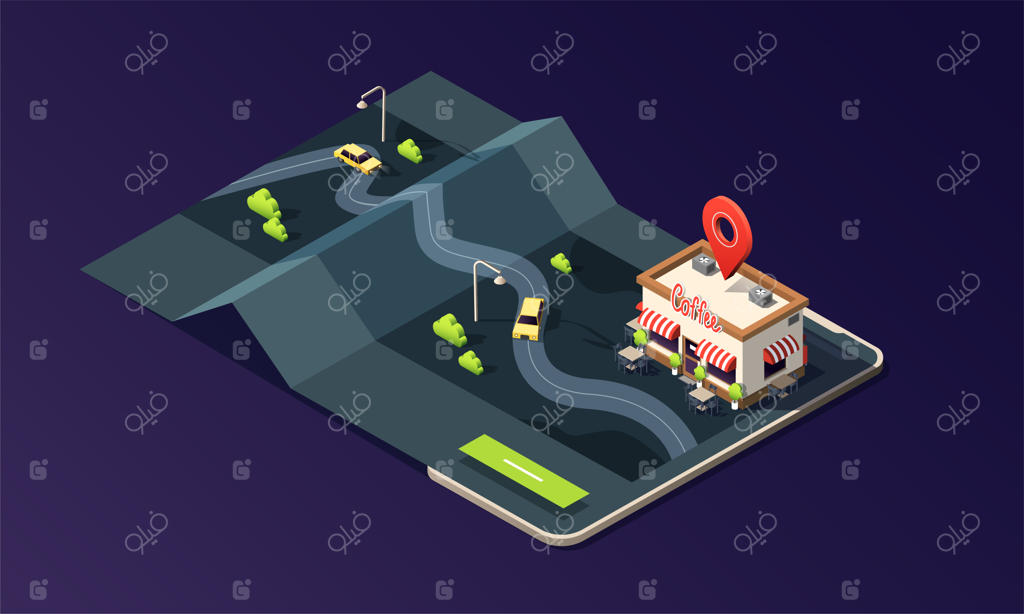 گوشی ایزومتریک با نقشه، کافه و تاکسی