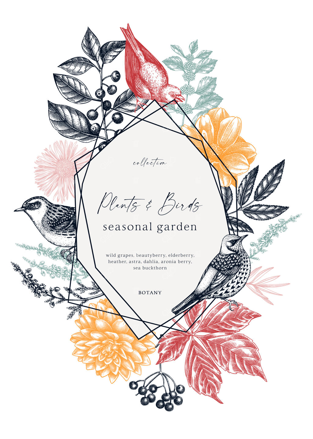 طرح حلقه گل وینتج با تصویرسازی دستی پرندگان، برگ‌های پاییزی، توت‌ها و گل‌ها