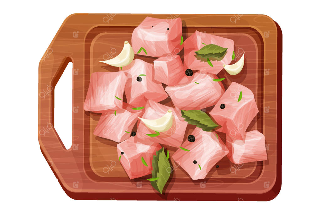 برش‌های مرغ، مکعب‌های گوشت خام، برش‌های خرد‌شده با ادویه‌جات، سیر و برگ‌ها بر روی تخته چوبی - نمای کارتونی از بالا، زمینه سفید. مواد اولیه نپخته.