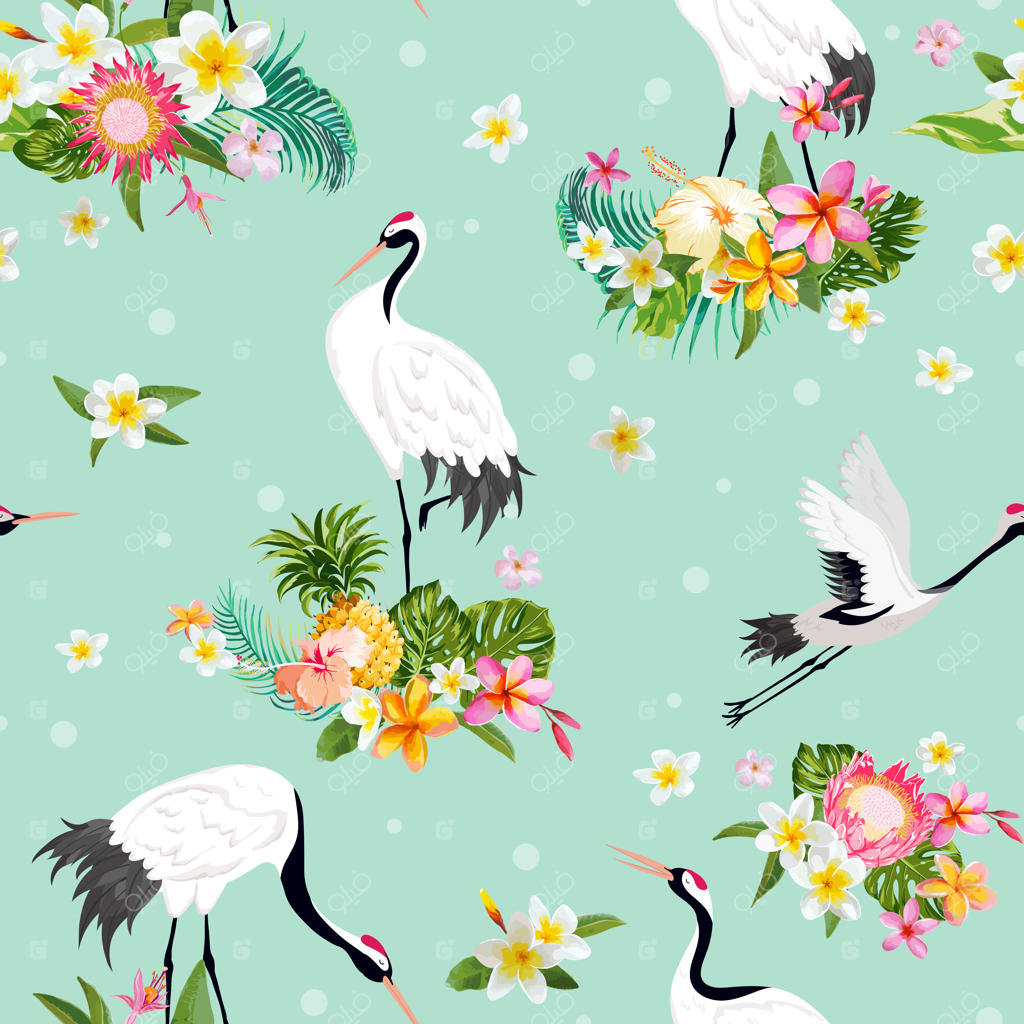 الگوی یکپارچه با جرثقیل های ژاپنی و گل های استوایی، پس زمینه پرندگان قدیمی، چاپ مد گلدار، مجموعه تزئینات تولد ژاپنی. تصویر وکتor