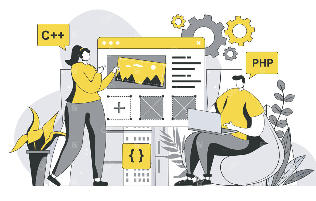 مفهوم تیم توسعه‌دهندگان با تصویر افراد: مرد و زن در حال برنامه‌نویسی برنامه‌های کاربردی