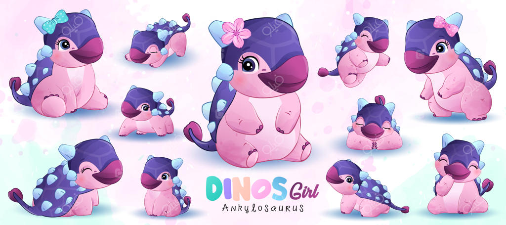 ژست‌های بامزه دایناسور کوچک با نقاشی آبرنگی