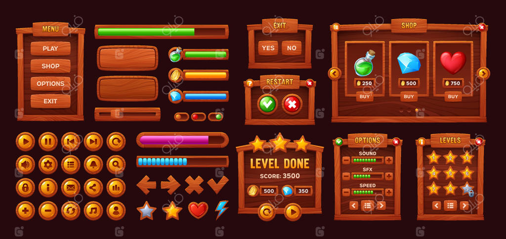 دکمه‌ها و نوارهای چوبی برای رابط بازی یا پنل‌های منو