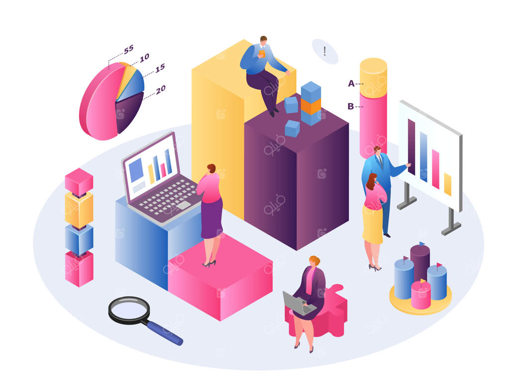 مفهوم تکنولوژی کسب‌وکار و تحلیل داده‌ها به‌صورت ایزومتریک، تحلیل در فارکس، درآمد ثابت و بازارها، نمودارها و اطلاعات خلاصه درباره ارزش آمار و تحلیل‌ها، مفهوم مدیریت ثروت.