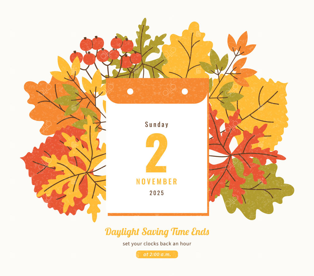 زمان به عقب برمی‌گردد: پایان صرفه‌جویی در زمان روز ۲ نوامبر ۲۰۲۵. بنر اطلاع‌رسانی. ساعت یک ساعت به عقب کشیده می‌شود. بنر یادآوری برنامه. اطلاعات طراحی برای ایالات متحده و کانادا در زمان زمستان.