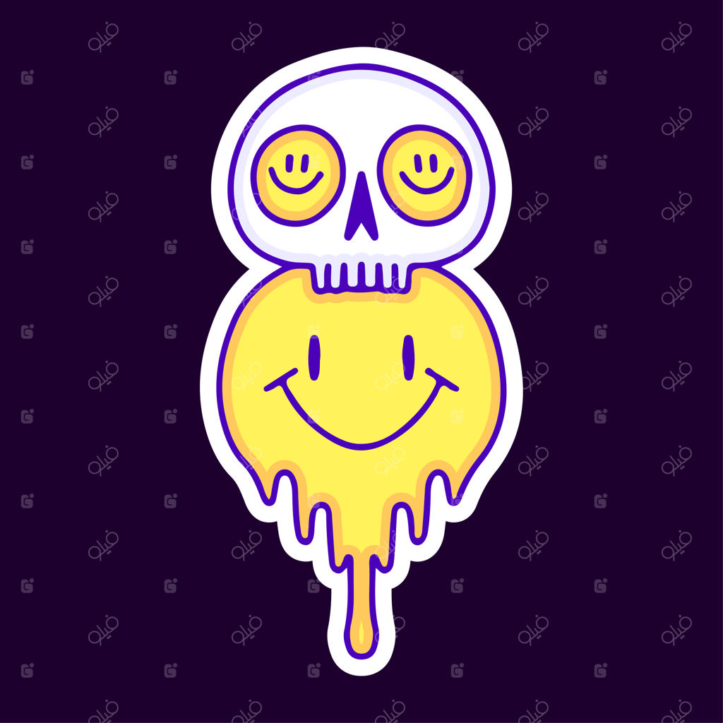 کارتون جمجمه خیالی و ایموجی لبخند کج، تصویرسازی برای تی‌شرت و استیکر.