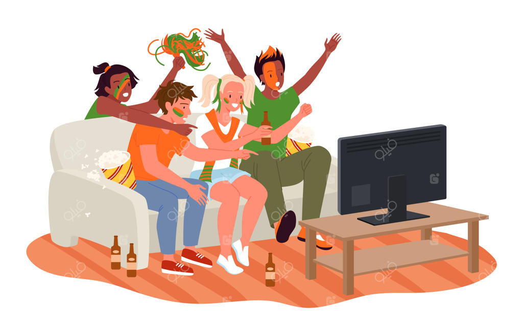 دوستان و طرفداران فوتبال در حال تماشای مسابقه فوتبال از تلویزیون، به تیم ملی تشویق می‌کنند