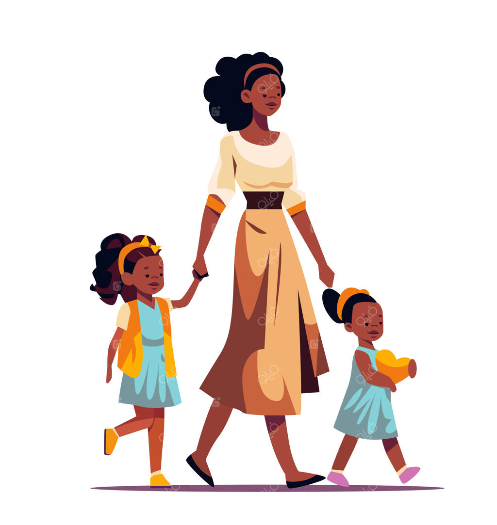 مادر و فرزندان کوچک در کنار هم؛ مادر دخترانش را به مدرسه یا مهدکودک می‌برد - مادری شاد و خانواده‌ای خوشبخت