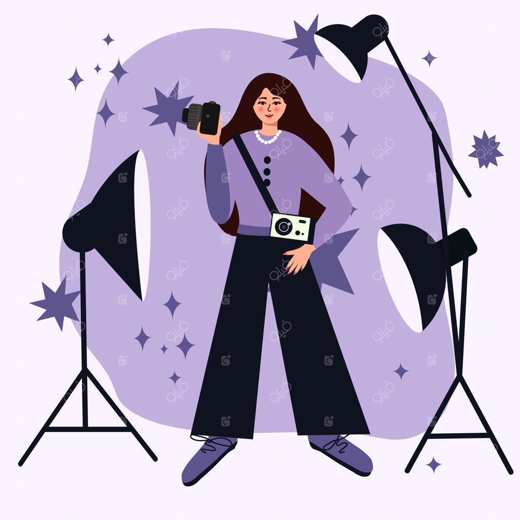 وکتور زن عکاس در آتلیه در حال آماده‌سازی برای عکس‌برداری