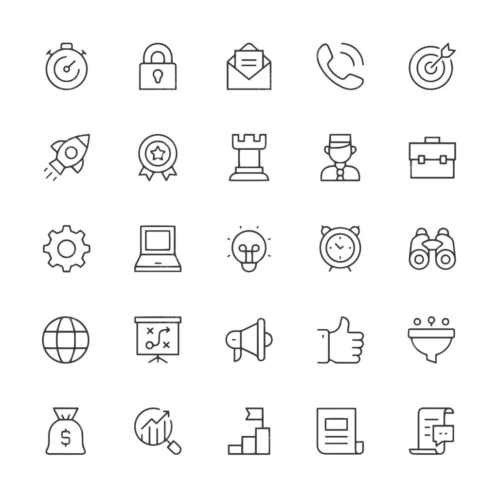 مجموعه آیکون‌های خطی کسب‌وکار و محتوا، شامل نماد، لوگو و تصویرسازی در پس‌زمینه سفید
