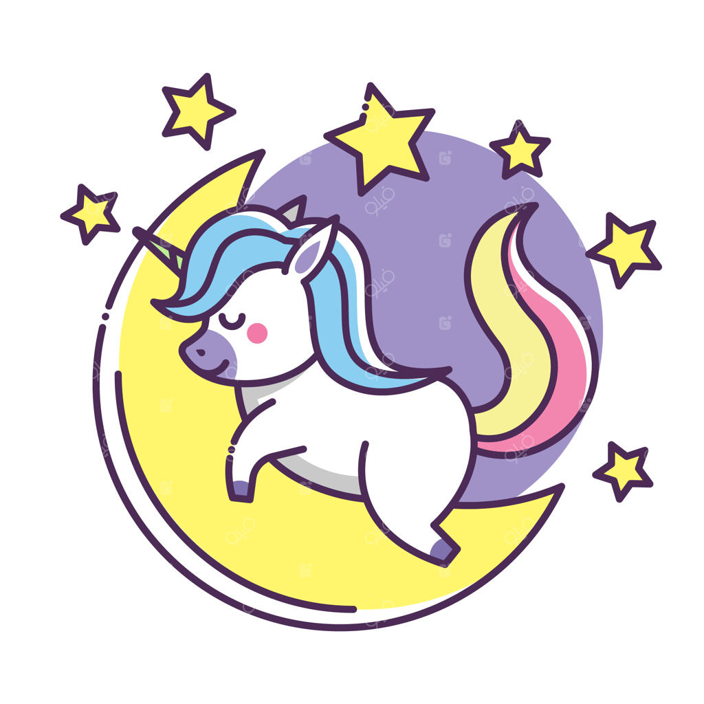 شخصیت کارتونی یونیکورن خوابیده روی ماه نیمه با ستاره‌ها