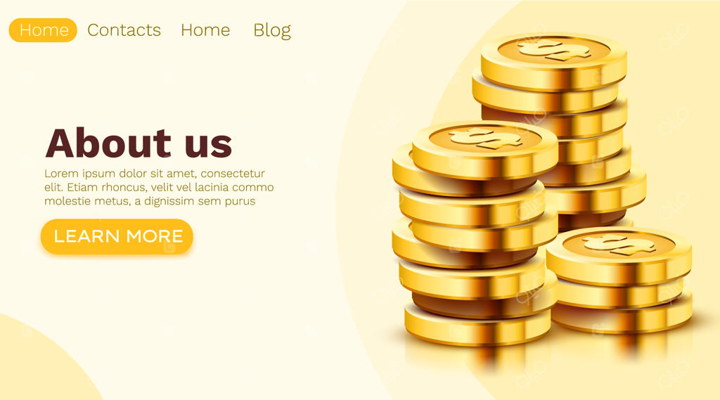 پشته‌ای از سکه‌های دلاری طلایی بر روی پس‌زمینه سفید - قالب صفحه فرود