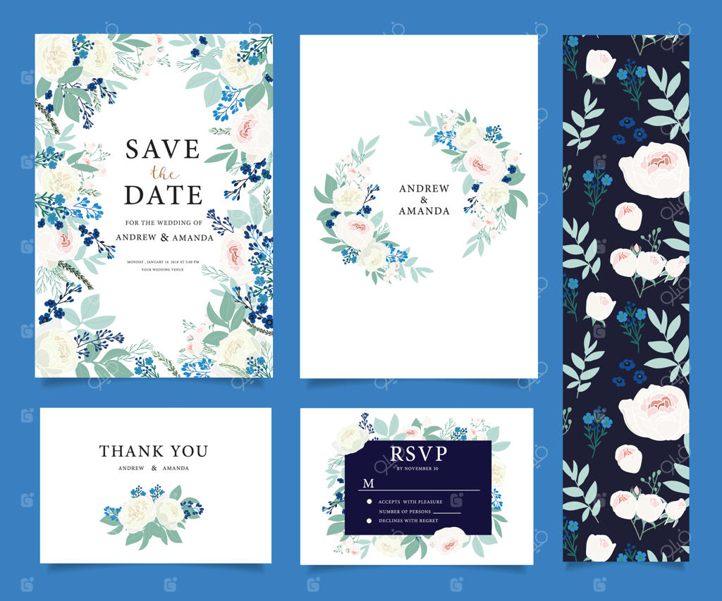 مجموعه کارت دعوت عروسی با طرح‌های گل - تصویر برداری