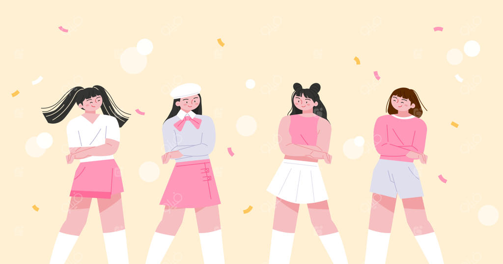 اعضای گروه دخترانه با دست‌های ضربدری در حال ژست گرفتن هستند.