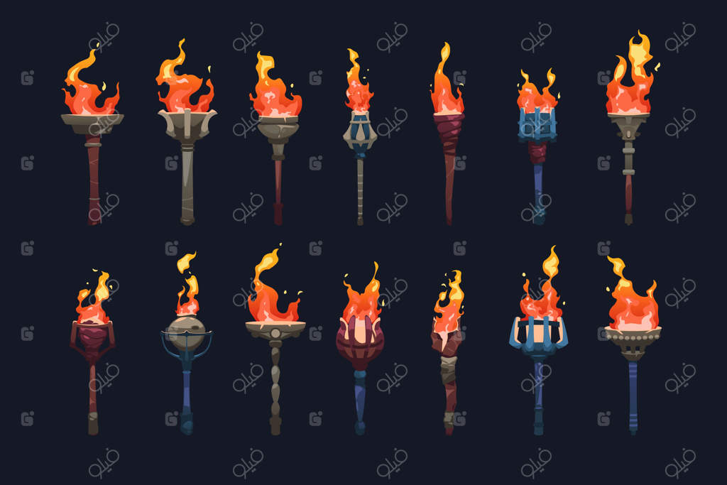 مجموعه فریم‌های انیمیشن مشعل قرون وسطایی با عناصر آتش در حال سوختن - بردار برای طراحی بازی