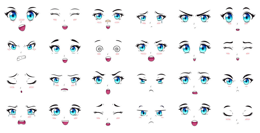 چهره‌های شخصیت‌های انیمه: انواع حالت‌های چشم، ابرو و دهان. مجموعه‌ای از طراحی چهره‌های شخصیت‌های مونث مانگا و انیمه، با بیان‌های مختلف.