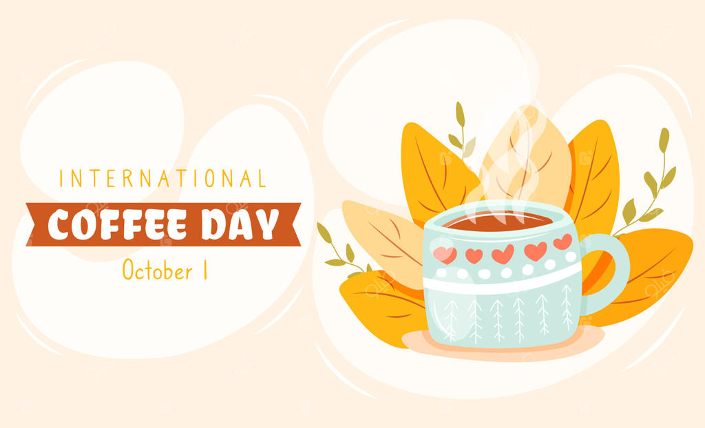 روز جهانی قهوه در اول اکتبر با فنجان قهوه دنج و برگ‌های پاییزی. طراحی دستی به سبک کارتونی. ایده‌آل برای بنر افقی، پوستر، سایت، کارت، بروشور و غیره.