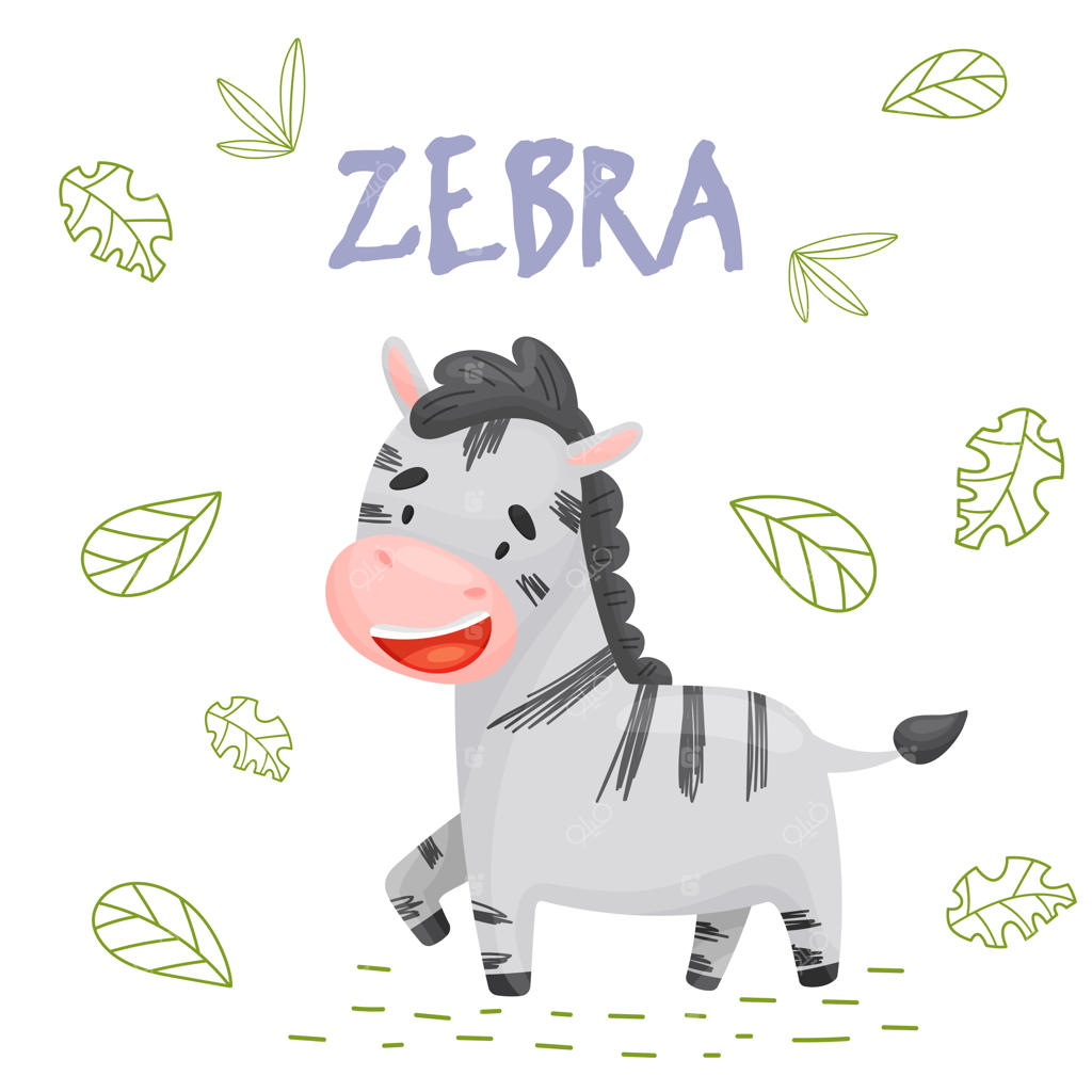 پوستر با گورخر کارتونی بامزه در دل جنگل برای کارت پستال و تی‌شرت، بر روی پس‌زمینه سفید