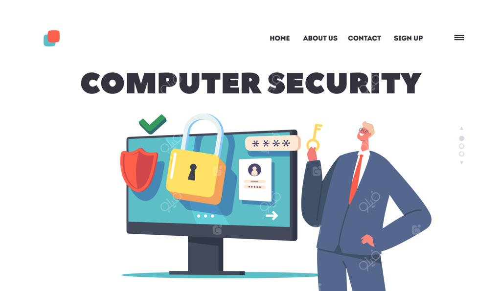 پترن صفحه فرود حفاظت از داده ها و امنیت حریم خصوصی در اینترنت با شخصیت نزدیک به کامپیوتر با رمز عبور قوی