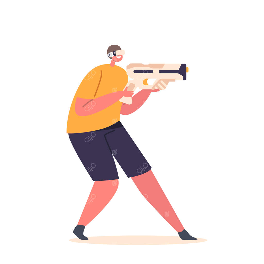 مفهوم واقعیت مجازی و افزوده: نوجوانی که با هدست واقعیت مجازی و تفنگ در حال بازی آنلاین است