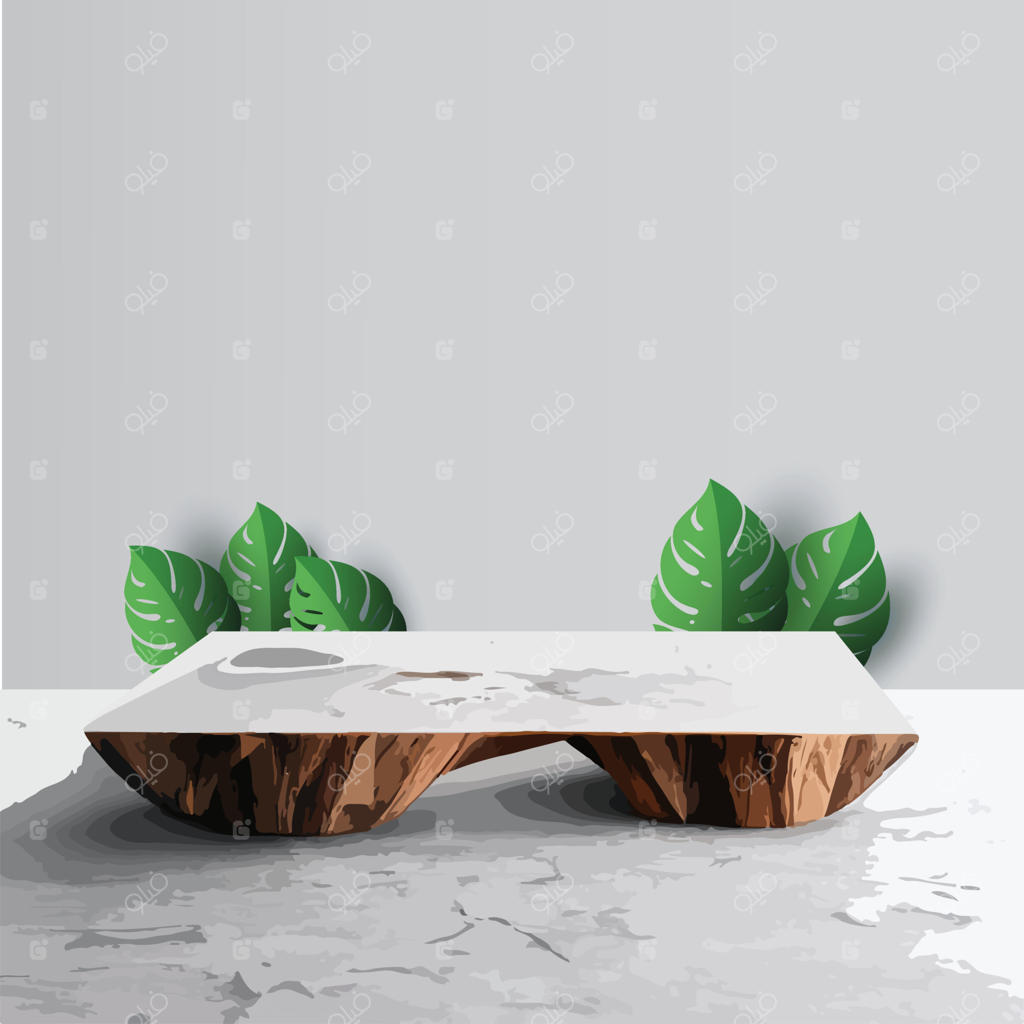 ماکت مرمر: نمایش محصولات آرایشی، سکوی استیج و پایه. صحنه‌ای انتزاعی و مینیمال با طرح‌های سه‌بعدی و هندسی، سکوی چوبی در پس‌زمینه سفید.