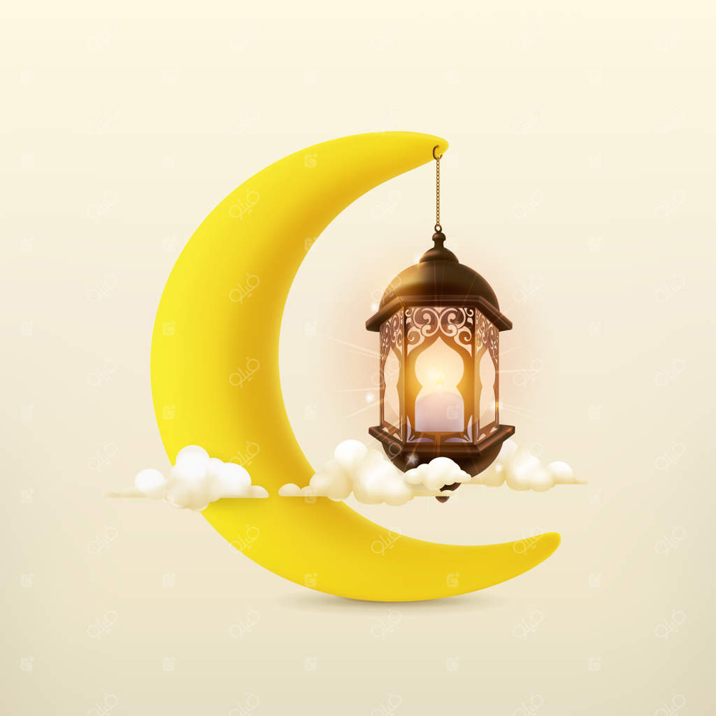 رمضان کریم، کارت تبریک وکتور با ماه و چراغ