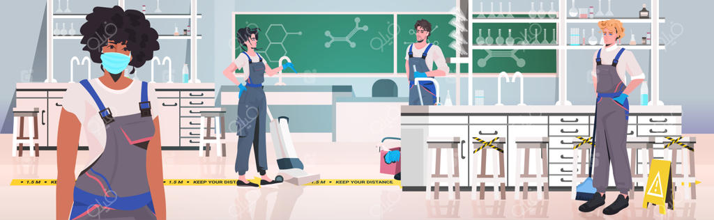 تیم نظافت‌چیان حرفه‌ای از نژادهای مختلف در حال تمیزکاری و ضدعفونی مدرسه