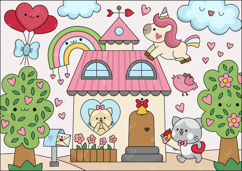صحنه کارتونی روز ولنتاین با خانواده گربه‌ها، اسب تک‌شاخ و رنگین‌کمان. تصویر بامزه و رنگارنگ با مفهوم عشق. چشم‌انداز باغ با قلب‌ها. آیکون مناسب برای کودکان.