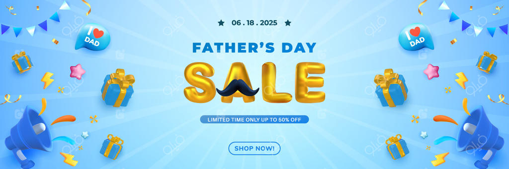 بنر تبلیغاتی فروش ویژه روز پدر با حروف طلایی و تصاویر هدایا