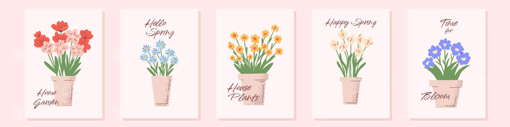 مجموعه‌ای از پوسترهای زیبا با طرح گل‌های گلدانی. مجموعه بهاری گل‌ها به سبک ساده و نقاشی دست‌ساز با عبارات سلام بهار، زمان شکوفایی، باغ خانگی. طراحی مینیمالیستی و جداگانه
