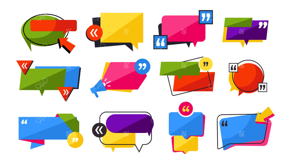 مجموعه قاب‌های نقل‌قول: شکل‌های متن. فرم‌های گرافیکی رنگارنگ برای یادداشت‌ها، توضیحات و طرح‌های خبری متفاوت. اطلاعات خبری، پیام و سخنرانی