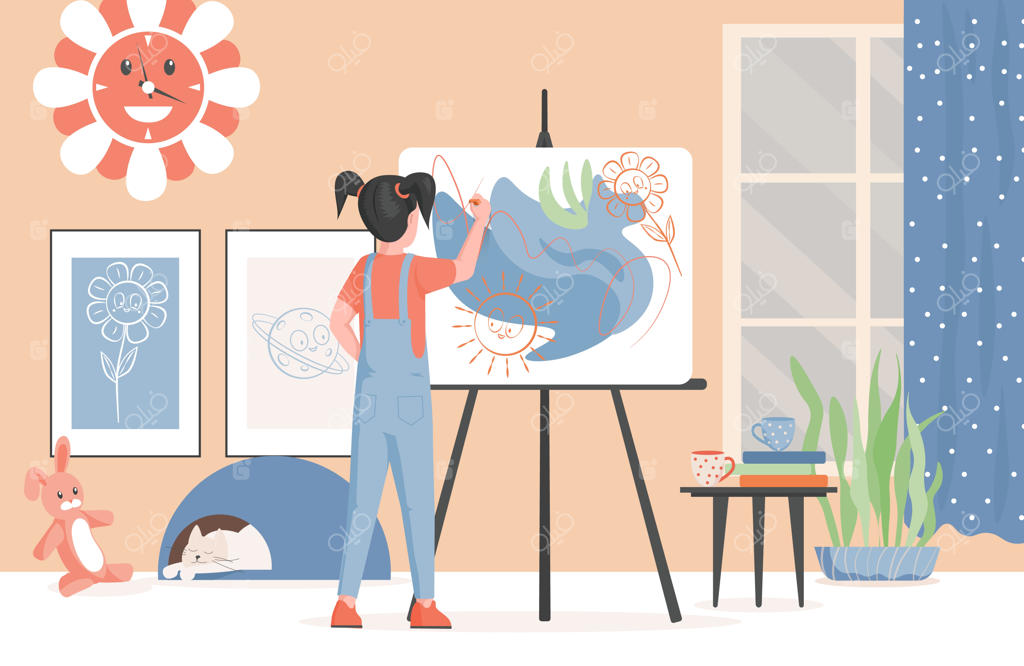 دختر کوچولوی بامزه در حال نقاشی گل‌ها و خورشید