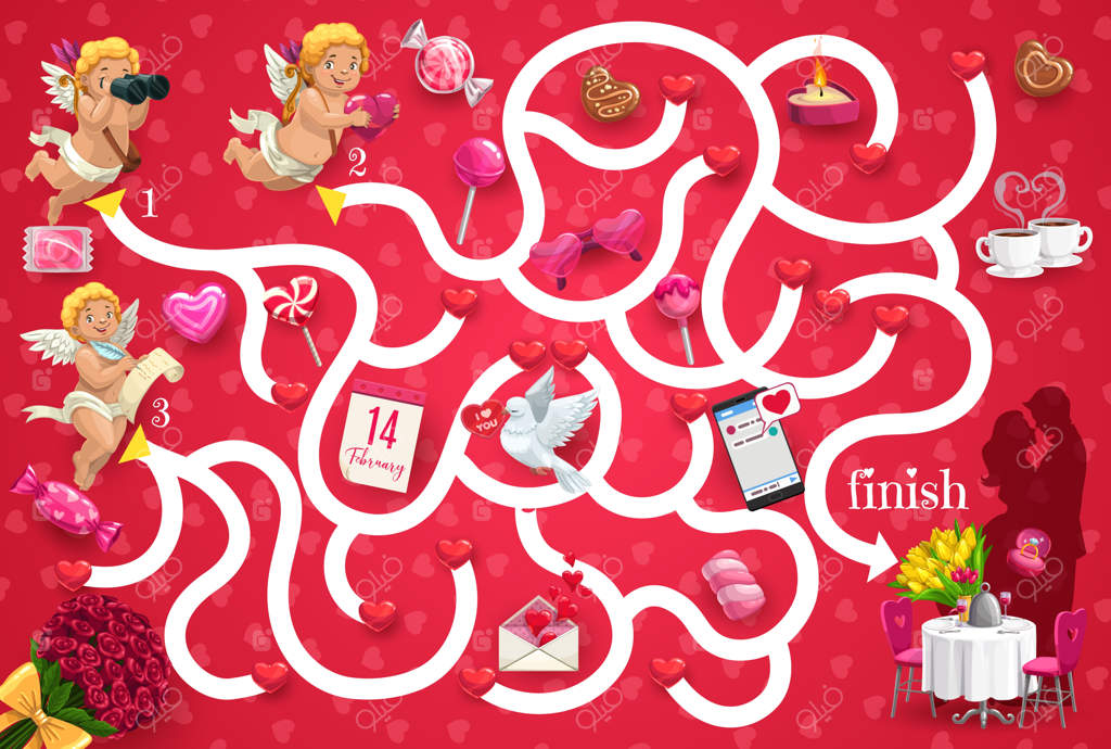 بازی مارپیچ کودکان با فرشتگان ولنتاین و زوج عاشق در حال بوسه