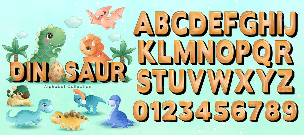 دوستان دایناسور کوچولو با حروف الفبا - تصویرسازی آبرنگی