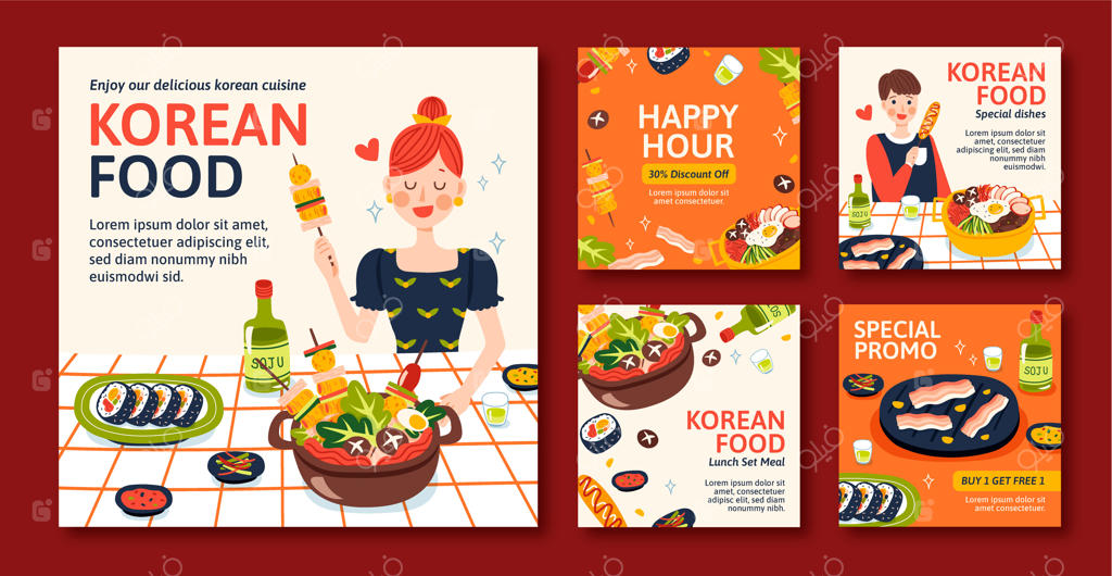 پست‌های اینستاگرام رستوران کره‌ای با طراحی دستی
