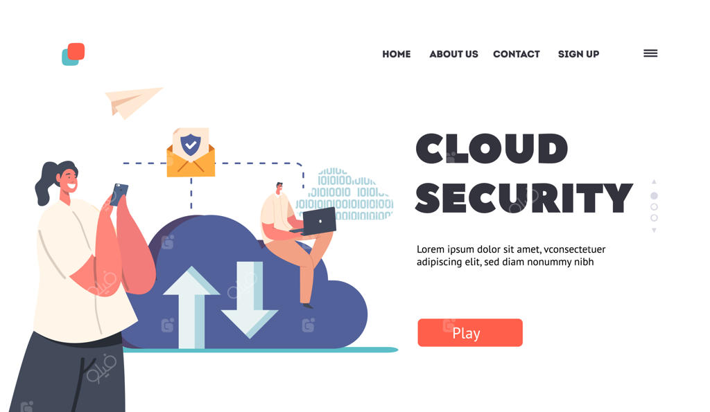 قالب صفحه فرود امنیت ابری: اطلاعات حفاظت از داده‌ها، شخصیت‌های کوچک مشغول کار با لپ‌تاپ و تلفن همراه