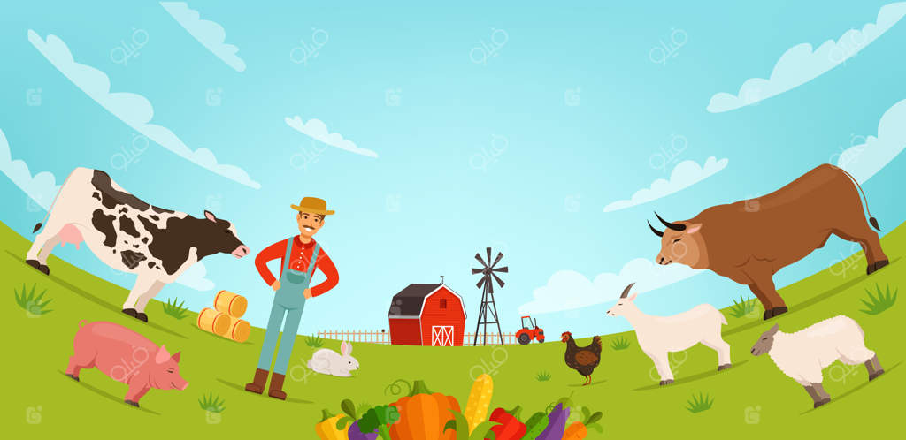کشاورز و حیوانات مزرعه در پس‌زمینه‌ی یک منظره کارتونی