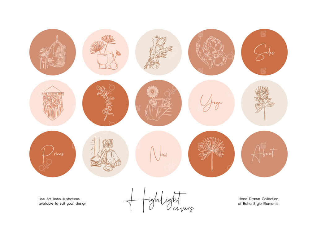 مجموعه‌ای از طرح‌های خطی بوهویی دست‌کشیده و آیکون‌های برجسته برای داستان‌های شبکه‌های اجتماعی