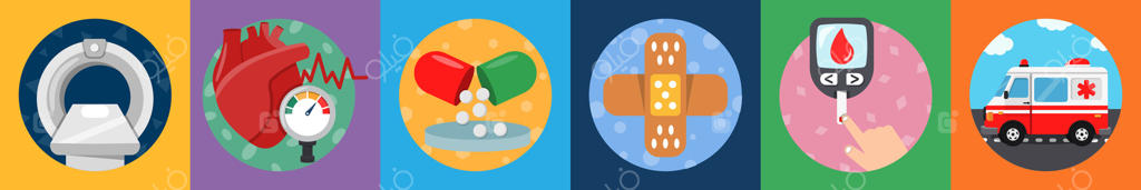مجموعه‌ای از ۶ آیکون متنوع شامل MRI، ضربان قلب و قرص‌ها