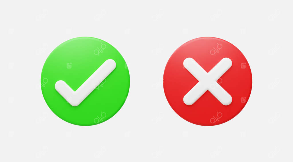 تصویر وکتور دکمه‌های سه‌بعدی درست و غلط واقع‌گرایانه.